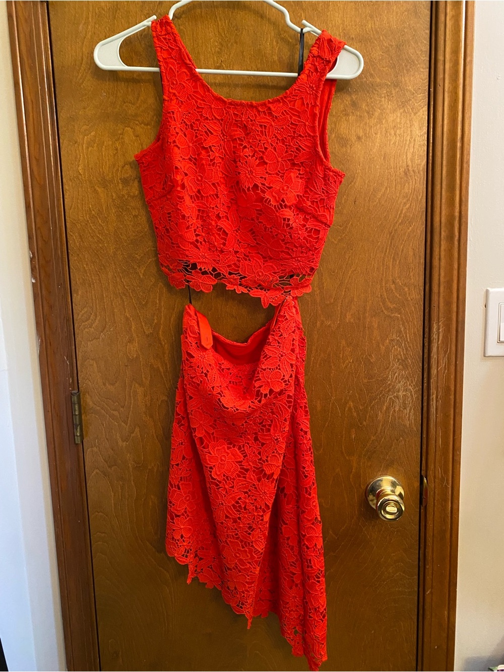 Bebe Red lace two piece skirt and short set